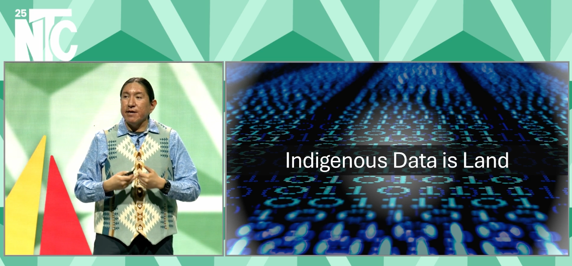 Michael Running Wolf, Native American scholar & software engineer, keynotes 25NTC on Indigenous data sovereignty, AI, and language. Slide reads 